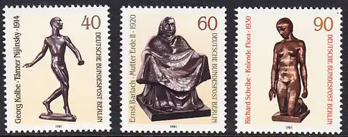 BERLIN 1981 Michel-Nummer 655-657 postfrisch SATZ(3) EINZELMARKEN - Skulpturen des 20. Jahrhunderts