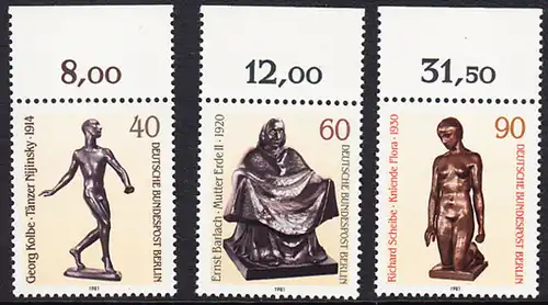 BERLIN 1981 Michel-Nummer 655-657 postfrisch SATZ(3) EINZELMARKEN RÄNDER oben (a) - Skulpturen des 20. Jahrhunderts