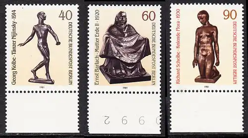 BERLIN 1981 Michel-Nummer 655-657 postfrisch SATZ(3) EINZELMARKEN RÄNDER unten - Skulpturen des 20. Jahrhunderts