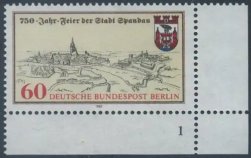 BERLIN 1982 Michel-Nummer 659 postfrisch EINZELMARKE ECKRAND unten rechts (FN/a) - 750 Jahre Stadt Spandau
