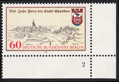 BERLIN 1982 Michel-Nummer 659 postfrisch EINZELMARKE ECKRAND unten rechts (FN/b) - 750 Jahre Stadt Spandau