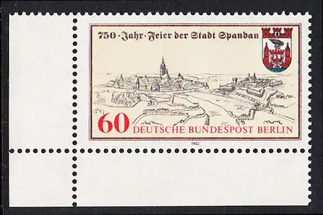 BERLIN 1982 Michel-Nummer 659 postfrisch EINZELMARKE ECKRAND unten links - 750 Jahre Stadt Spandau