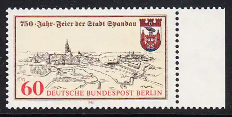 BERLIN 1982 Michel-Nummer 659 postfrisch EINZELMARKE RAND rechts - 750 Jahre Stadt Spandau