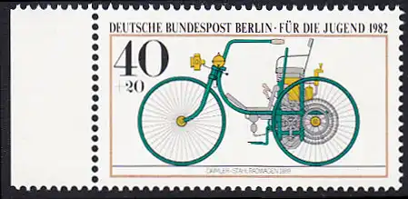 BERLIN 1982 Michel-Nummer 660 postfrisch EINZELMARKE RAND links - Historische Kraftfahrzeuge: Daimler-Stahlradwagen