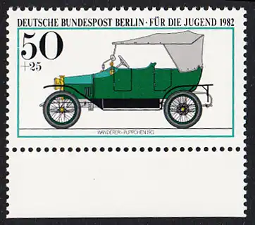 BERLIN 1982 Michel-Nummer 661 postfrisch EINZELMARKE RAND unten - Historische Kraftfahrzeuge: Wanderer-Puppchen