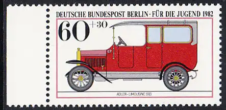 BERLIN 1982 Michel-Nummer 662 postfrisch EINZELMARKE RAND links - Historische Kraftfahrzeuge: Adler-Limousine