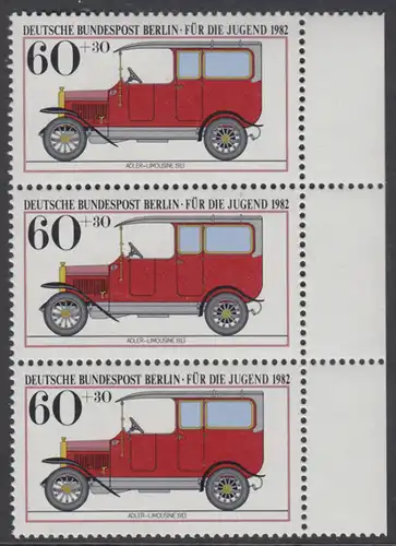 BERLIN 1982 Michel-Nummer 662 postfrisch vert.STRIP(3) RAND rechts - Historische Kraftfahrzeuge: Adler-Limousine