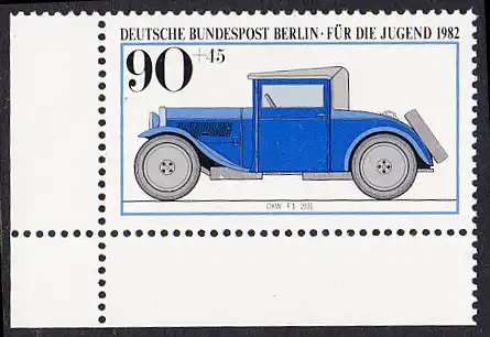 BERLIN 1982 Michel-Nummer 663 postfrisch EINZELMARKE ECKRAND unten links - Historische Kraftfahrzeuge: DKW F 1