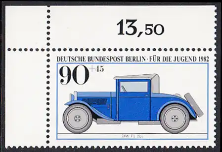 BERLIN 1982 Michel-Nummer 663 postfrisch EINZELMARKE ECKRAND oben links - Historische Kraftfahrzeuge: DKW F 1