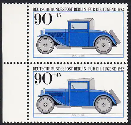BERLIN 1982 Michel-Nummer 663 postfrisch vert.PAAR RAND links - Historische Kraftfahrzeuge: DKW F 1