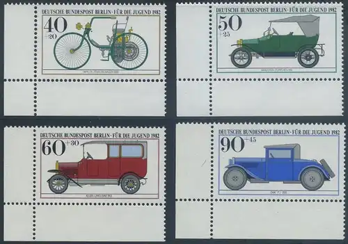 BERLIN 1982 Michel-Nummer 660-663 postfrisch SATZ(4) EINZELMARKEN ECKRÄNDER unten links - Historische Kraftfahrzeuge