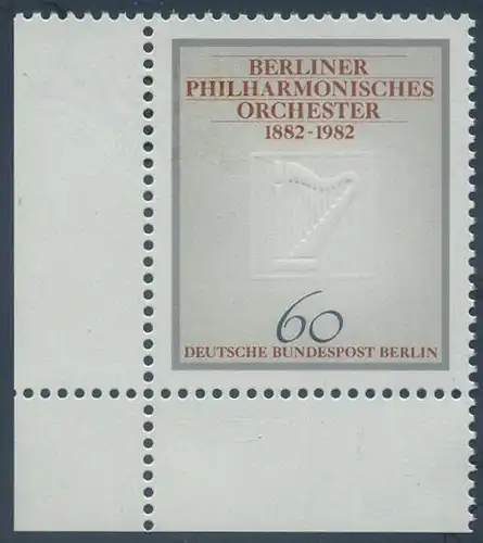 BERLIN 1982 Michel-Nummer 666 postfrisch EINZELMARKE ECKRAND unten links - Berliner Philharmonisches Orchester