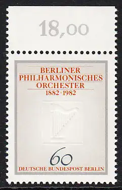 BERLIN 1982 Michel-Nummer 666 postfrisch EINZELMARKE RAND oben (c) - Berliner Philharmonisches Orchester