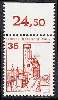 BERLIN 1982 Michel-Nummer 673 postfrisch EINZELMARKE RAND oben (b) - Burgen & Schlösser: Schloss Lichtenstein