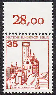BERLIN 1982 Michel-Nummer 673 postfrisch EINZELMARKE RAND oben (c) - Burgen & Schlösser: Schloss Lichtenstein