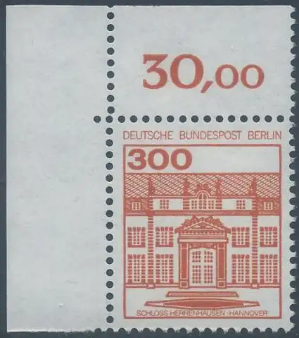 BERLIN 1982 Michel-Nummer 677 postfrisch EINZELMARKE ECKRAND oben links - Burgen & Schlösser: Schloss Herrenhausen
