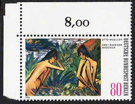 BERLIN 1982 Michel-Nummer 679 postfrisch EINZELMARKE ECKRAND oben links - Moderne Gemälde aus Berliner Sammlungen: Zwei badende Mädchen
