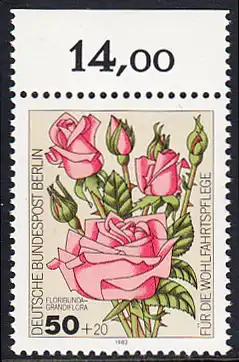 BERLIN 1982 Michel-Nummer 680 postfrisch EINZELMARKE RAND oben - Gartenrosen: Floribunda-Grandiflora
