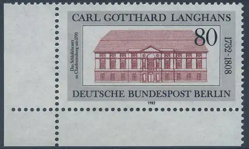 BERLIN 1982 Michel-Nummer 684 postfrisch EINZELMARKE ECKRAND unten links - Carl Gotthard Langhans, Baumeister