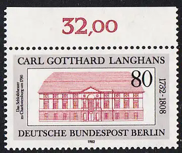 BERLIN 1982 Michel-Nummer 684 postfrisch EINZELMARKE RAND oben (b) - Carl Gotthard Langhans, Baumeister