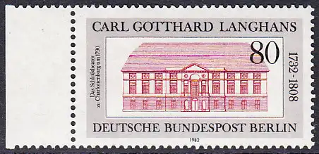 BERLIN 1982 Michel-Nummer 684 postfrisch EINZELMARKE RAND links - Carl Gotthard Langhans, Baumeister