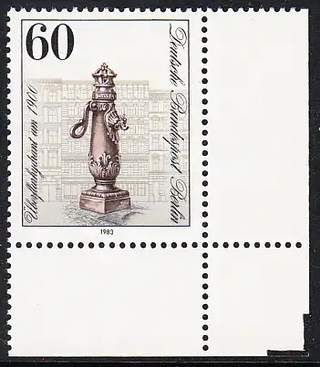BERLIN 1983 Michel-Nummer 690 postfrisch EINZELMARKE ECKRAND unten rechts - Historische Straßenpumpen in Berlin: Ventilbrunnen, Chamissoplatz