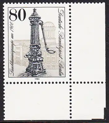 BERLIN 1983 Michel-Nummer 691 postfrisch EINZELMARKE ECKRAND unten rechts - Historische Straßenpumpen in Berlin: Lauchhammerpumpe, Schlossstraße 