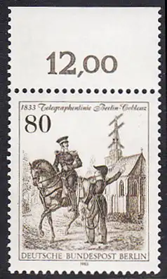 BERLIN 1983 Michel-Nummer 693 postfrisch EINZELMARKE RAND oben (b) - Telegraphenlinie Berlin-Coblenz