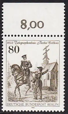 BERLIN 1983 Michel-Nummer 693 postfrisch EINZELMARKE RAND oben (a) - Telegraphenlinie Berlin-Coblenz