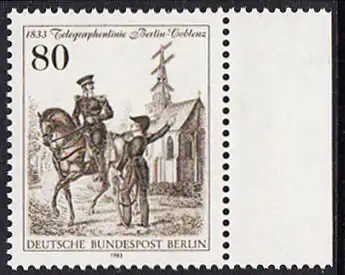 BERLIN 1983 Michel-Nummer 693 postfrisch EINZELMARKE RAND rechts - Telegraphenlinie Berlin-Coblenz