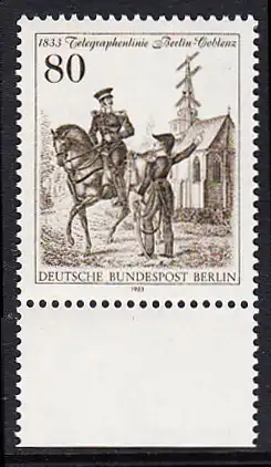 BERLIN 1983 Michel-Nummer 693 postfrisch EINZELMARKE RAND unten - Telegraphenlinie Berlin-Coblenz
