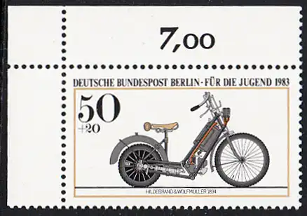 BERLIN 1983 Michel-Nummer 694 postfrisch EINZELMARKE ECKRAND oben links - Historische Motorräder: Hildebrand & Wolfmüller