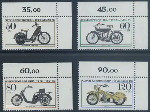 BERLIN 1983 Michel-Nummer 694-697 postfrisch SATZ(4) EINZELMARKEN ECKRÄNDER oben rechts - Historische Motorräder