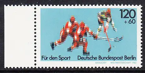 BERLIN 1983 Michel-Nummer 699 postfrisch EINZELMARKE RAND links - Sportereignisse 1983: Eishockey-Weltmeisterschaft, Düsseldorf, Dortmund, München