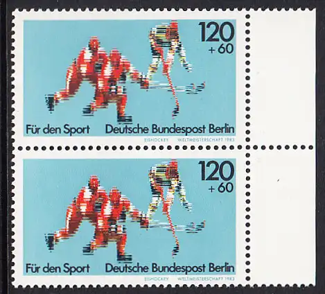 BERLIN 1983 Michel-Nummer 699 postfrisch vert.PAAR RAND rechts - Sportereignisse 1983: Eishockey-Weltmeisterschaft, Düsseldorf, Dortmund, München