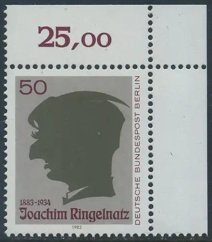BERLIN 1983 Michel-Nummer 701 postfrisch EINZELMARKE ECKRAND oben rechts - Joachim Ringelnatz, Maler und Schriftsteller (Scherenschnitt)