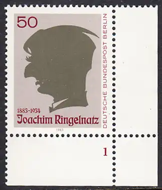 BERLIN 1983 Michel-Nummer 701 postfrisch EINZELMARKE ECKRAND unten rechts (a) - Joachim Ringelnatz, Maler und Schriftsteller (Scherenschnitt)