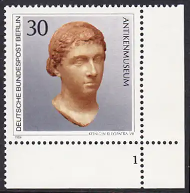 BERLIN 1984 Michel-Nummer 708 postfrisch EINZELMARKE ECKRAND unten rechts (FN/a) - Kunstschätze in Berliner Museen: Königin Kleopatra VII. (Antikenmuseum)