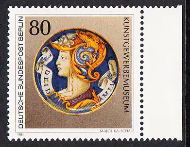 BERLIN 1984 Michel-Nummer 711 postfrisch EINZELMARKE RAND rechts - Kunstschätze in Berliner Museen: Majolika-Schale (Kunstgewerbemuseum)
