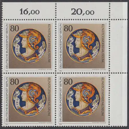 BERLIN 1984 Michel-Nummer 711 postfrisch BLOCK ECKRAND oben rechts - Kunstschätze in Berliner Museen: Majolika-Schale (Kunstgewerbemuseum)
