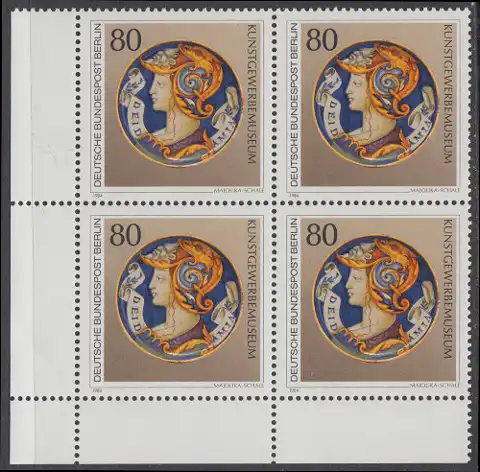 BERLIN 1984 Michel-Nummer 711 postfrisch BLOCK ECKRAND unten links - Kunstschätze in Berliner Museen: Majolika-Schale (Kunstgewerbemuseum)