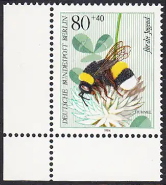 BERLIN 1984 Michel-Nummer 714 postfrisch EINZELMARKE ECKRAND unten links - Bestäuberinsekten: Erdhummel