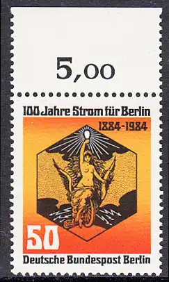 BERLIN 1984 Michel-Nummer 720 postfrisch EINZELMARKE RAND oben (a) - 100 Jahre Strom für Berlin