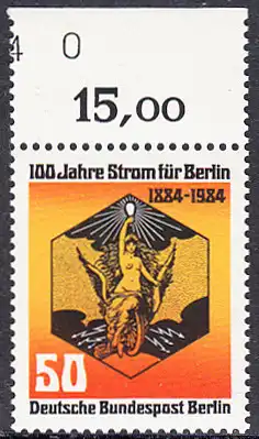 BERLIN 1984 Michel-Nummer 720 postfrisch EINZELMARKE RAND oben (b) - 100 Jahre Strom für Berlin