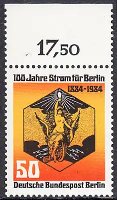 BERLIN 1984 Michel-Nummer 720 postfrisch EINZELMARKE RAND oben (c) - 100 Jahre Strom für Berlin