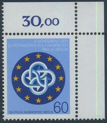BERLIN 1984 Michel-Nummer 721 postfrisch EINZELMARKE ECKRAND oben rechts - Konferenz der Europäischen Kulturminister, Berlin
