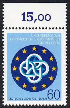 BERLIN 1984 Michel-Nummer 721 postfrisch EINZELMARKE RAND oben (b) - Konferenz der Europäischen Kulturminister, Berlin