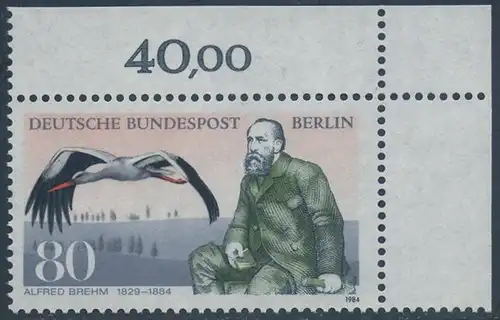 BERLIN 1984 Michel-Nummer 722 postfrisch EINZELMARKE ECKRAND oben rechts - Alfred Edmund Brehm, Zoologe