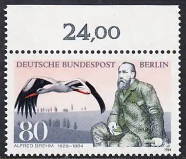 BERLIN 1984 Michel-Nummer 722 postfrisch EINZELMARKE RAND oben (b) - Alfred Edmund Brehm, Zoologe