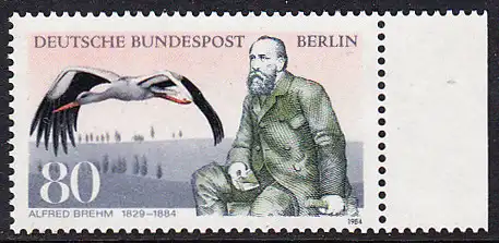 BERLIN 1984 Michel-Nummer 722 postfrisch EINZELMARKE RAND rechts - Alfred Edmund Brehm, Zoologe